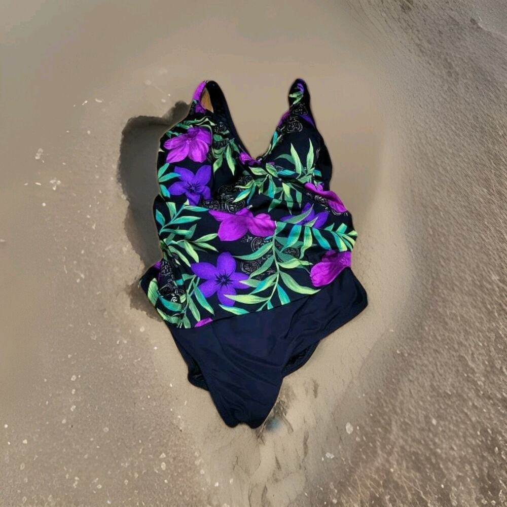 Studio Works Womens Black/Multi Color 24W One-piece Floral Bathing Suit